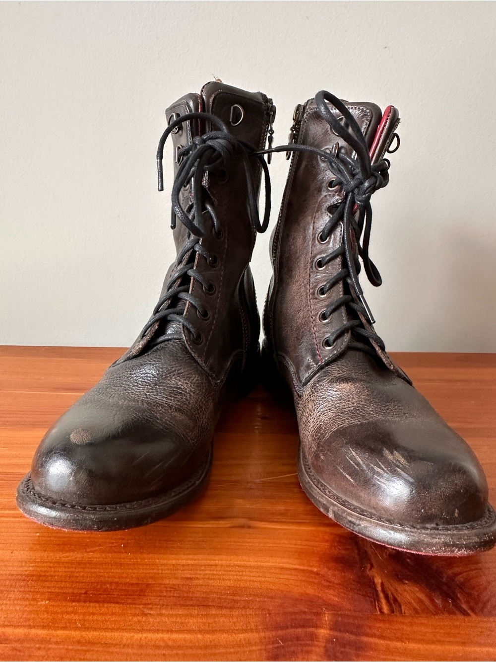 Bed Stu Dark Brown Leather Lace-Up Combat Boots with Side Zippers